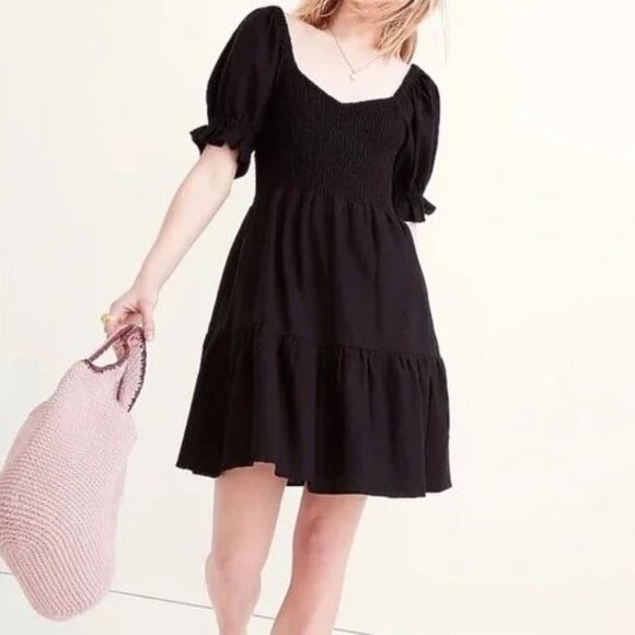 Madewell Black Linen-Blend Lucie Short Puff Sleeve Smocked Mini Dress Size L - Picture 1 of 15